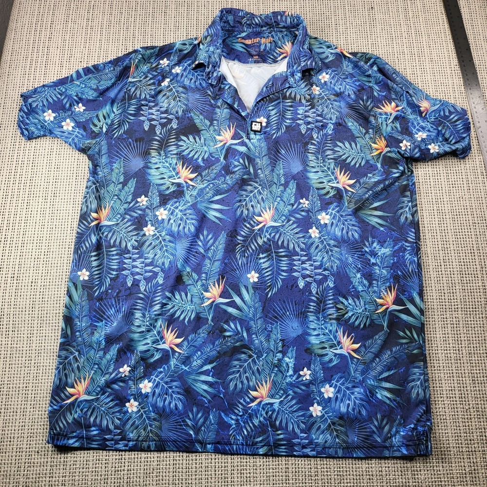 Greater Half Polo Shirt Mens Large‎ Blue Tropical Floral Short Sleeve Casual